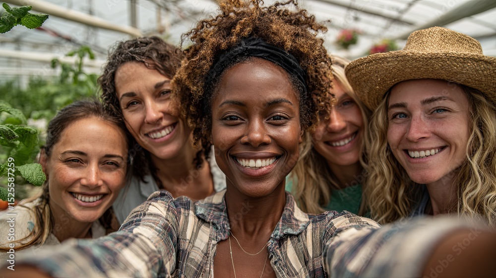 Fototapeta premium Happy Women Group Selfie in Greenhouse