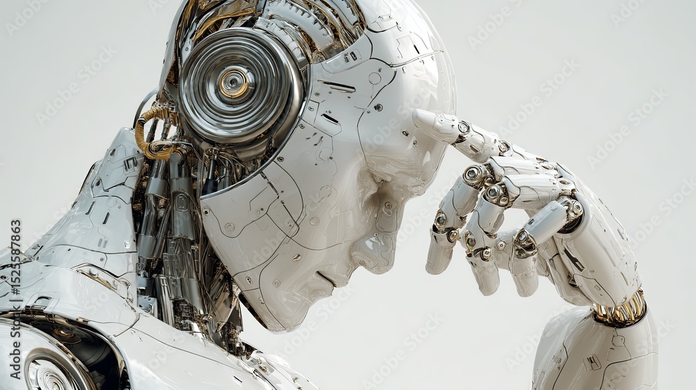 Fototapeta premium Futuristic White Male Cyborg Thinking and Touching His Head