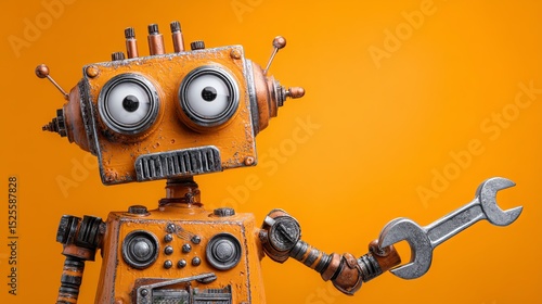 Friendly Robot Handyman Holding Wren on Orange Background