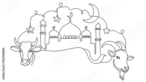 Cattle line drawing. cow, goat, sheep and camel. Eid al-Adha concept, the celebration of Muslim community festival design. Eid Mubarak greetings concept.