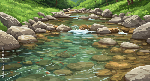 Mountain stream with clear water flowing over rocks in green forest  