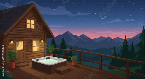 Cozy wooden cabin with hot tub overlooking mountains at night  