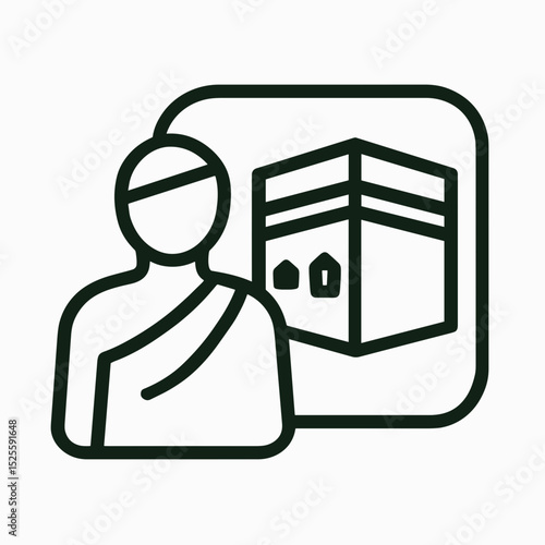 Muslim pilgrim line icon with Kaaba symbol representing Hajj or Umrah pilgrimage in Mecca