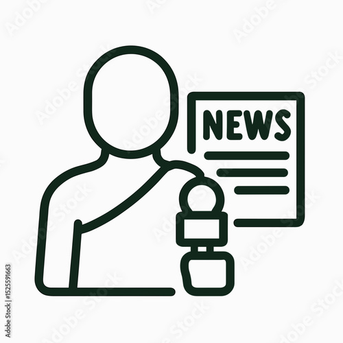 News reporter line icon with microphone and news bulletin representing journalism and media coverage