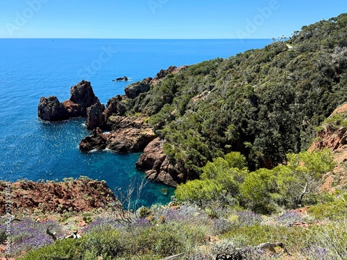 Picturesque view of the Mediterranean coastline in the Esterel region of southern France, featuring rugged red cliffs, turquoise sea, and lush vegetation under a clear blue sky.

