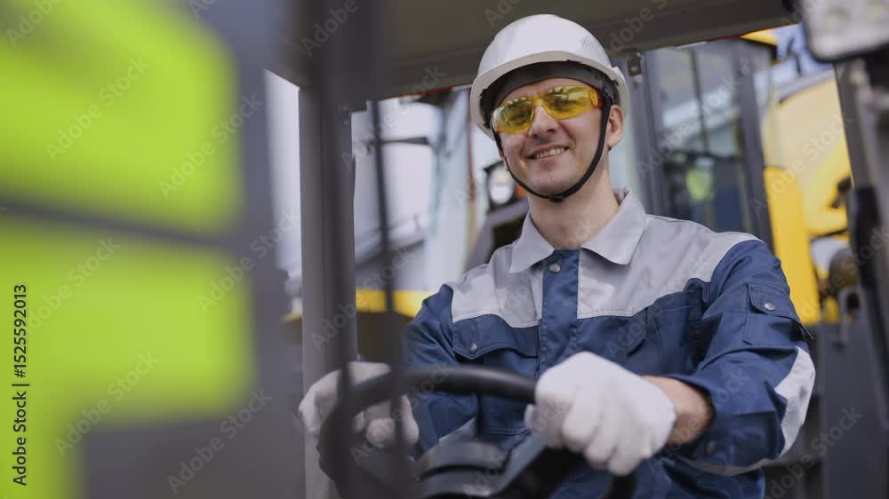 Confident forklift operator man driver maneuvering in warehouse environment. Confident forklift operator man driver maneuvering in warehouse environment.
