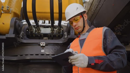 Worker mechanic checks hydraulic hoses of excavator with tablet computer. Man in hard hat industrial worker.