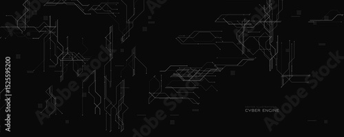 Cyber Engine Background With Dark Circuit Grid. Black tech layout with fine digital lines. Ideal for cyber themes, security, and futuristic UI. Elegant modern structure BG. Vector illustration.