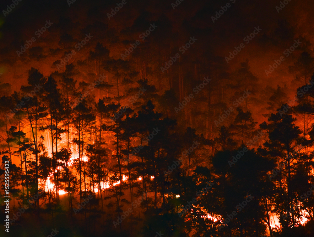 Obraz premium Night shot of a fierce forest fire engulfing trees on a hillside in Meghalaya.