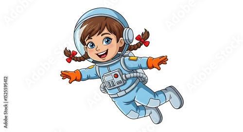 Smiling cartoon girl astronaut floating in space. Fun and inspiring science-themed character on white background.