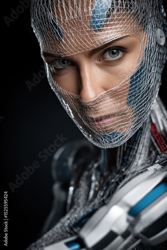 This close-up portrait showcases a female-like robot with realistic skin on her face and head, created by ai