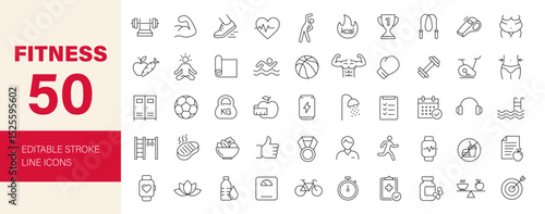 Fitness icon set. Containing health, wellness, nutrition, exercise, physical activity, sports, gym, muscle, diet, yoga, lifestyle and more. Editable line icons. Vector illustration.
