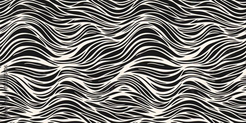 Vector seamless pattern with organic shapes, liquid lines, waves, fibers, threads, biological structures. Black and white abstract tangled line background. Simple natural texture. Repeating design