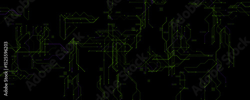 Neon Circuit Network With Green And Purple Lines. Futuristic digital background for cybersecurity, hacking, and AI themes. Glowing grid with abstract paths. Clean tech BG. Vector illustration.