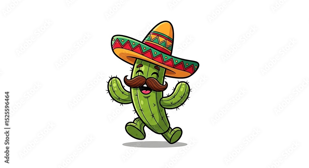 Obraz premium Dancing cartoon cactus wearing a sombrero and mustache. Fun and festive Mexican character on white background.
