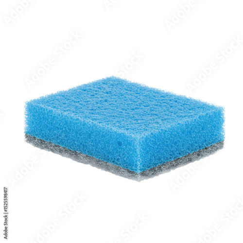 Brand new vibrant blue non-scratch scouring pad, sponge and fibrous sides visible, unused and rectangular, isolated on a seamless transparent background with soft studio lighting, concept for cleaning