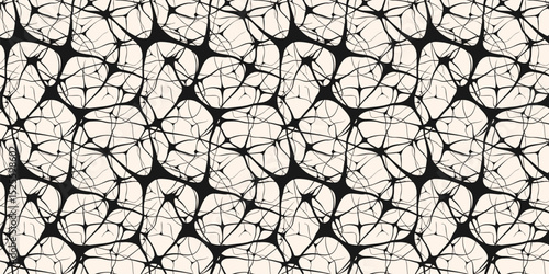 Vector abstract seamless pattern with neurons, brain cells, nerves, organic shapes. Simple monochrome illustration of neural network, net, grid, bionics. Black and white background. Repeated design
