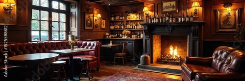 Cozy traditional English pub interior, warm lighting, dark wood furniture, and a crackling fireplace Perfect for autumn or winter themed projects , ale, beer, wood