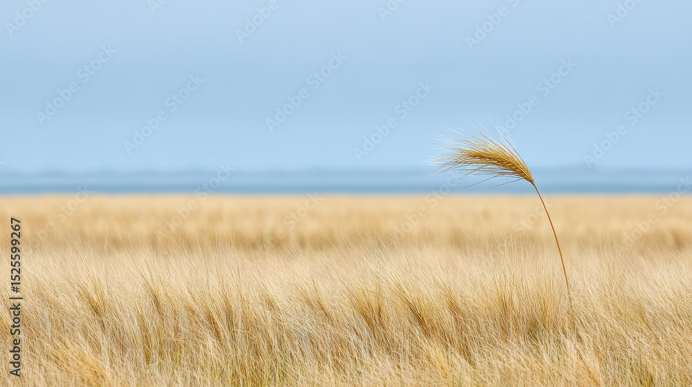 Fototapeta premium serene wheat field bathed in soft light focusing on single golden ear of wheat swaying gently