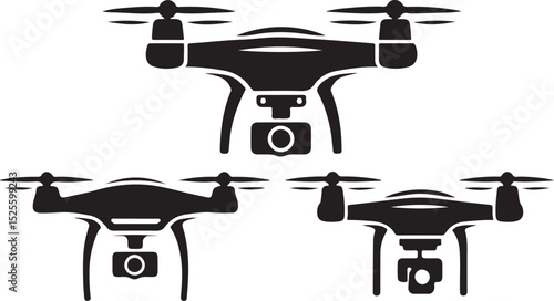 Three Different Drone Silhouettes with Cameras: A Collection of Black and White Vector Graphics Representing Unmanned Aerial Vehicles