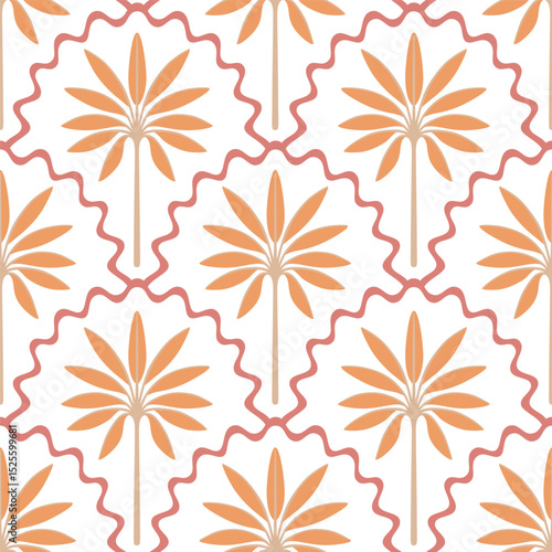 Tropical palm tree, arch seamless pattern. Jungle wallpaper.	
