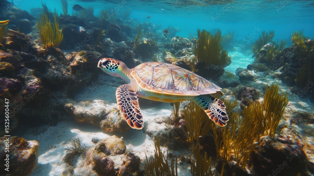 Obraz premium Sea Turtle Gracefully Swimming in Vibrant Coral Reef