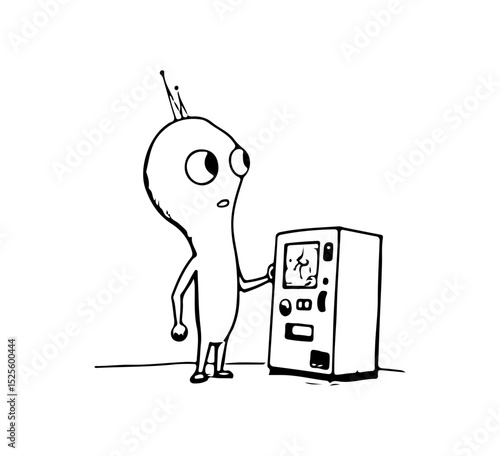 Sketch of a cartoon alien standing next to a vending machine, looking curious