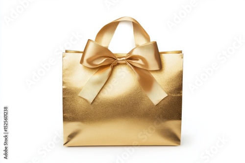 Gold gift bag with satin bow isolated on white background