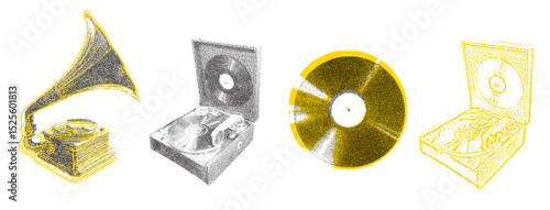 Vintage Stippling Illustration with a Photocopy Grainy Texture Depicting a Classic Gramophone, Vinyl Record, and Retro Turntable
