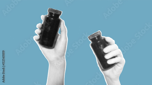 Two hands holding black bottles in halftone effect. Minimalist black and white graphic design for posters and print materials
