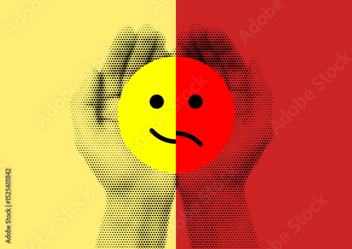 Minimalist Conceptual Illustration Depicting Two Halftone Hands Holding Happy and Sad Face Symbols