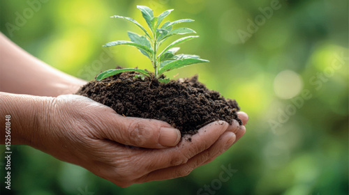 Hands gently holding a young green plant seedling in rich dark soil. Concept of growth, care, and new life.
