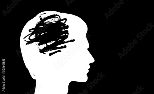 Silhouette of a Man Profile with Scribbles Inside His Head, Representing Mental Chaos, Creativity, and Abstract Thought