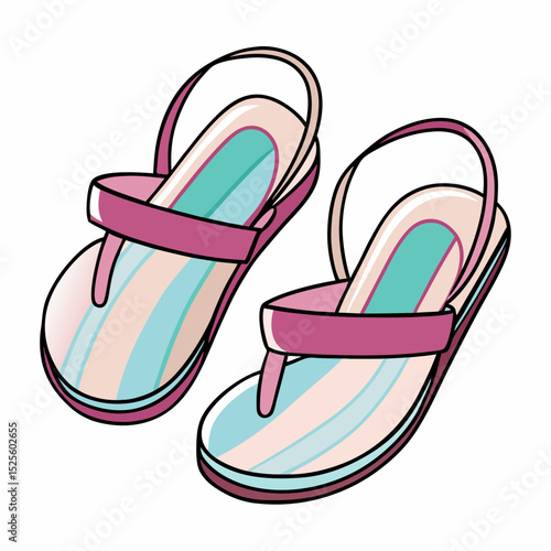 Colorful flip flops with pink straps and striped soles  