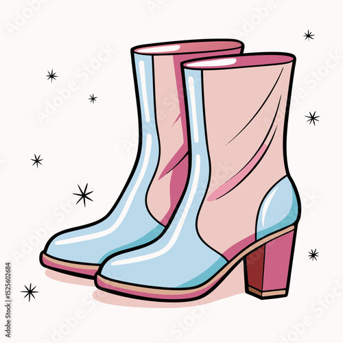 Colorful high-heeled boots with glossy finish and unique design  