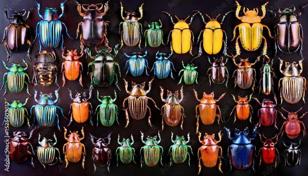 Fototapeta premium colorful display of various beetle species arranged in a neat grid on a black background