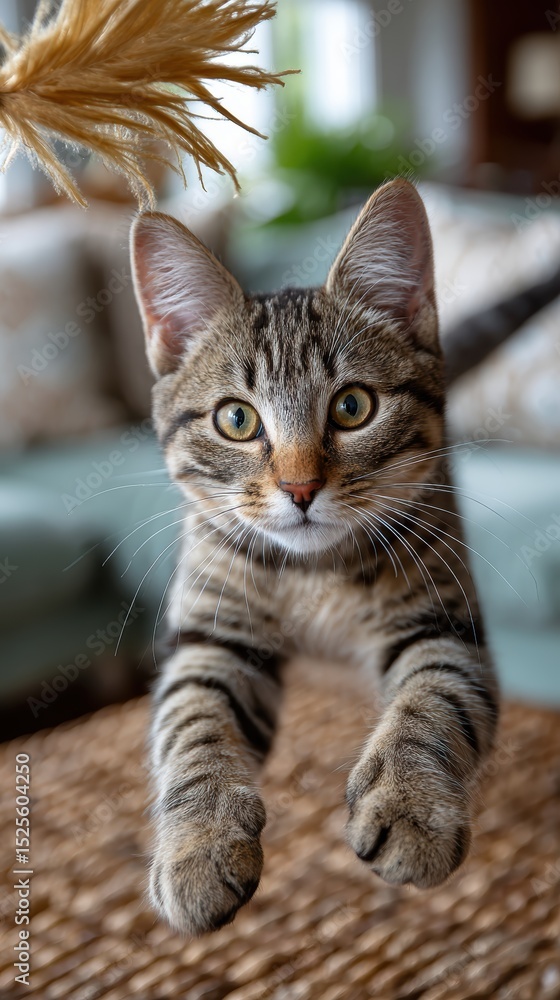 pet photography, owner captures playful tabby cat mid-leap while engaging with a toy in a bright living room setting perfect for social media pet photography, owner captures playful tabby cat mid-leap while engaging with a toy in a bright living room setting perfect for social media
