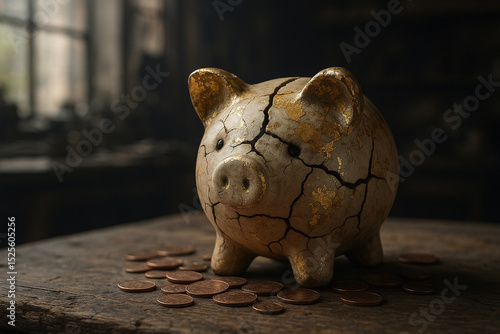 Cracked Piggy Bank with Gold Repairs and Coins on Old Wooden Table