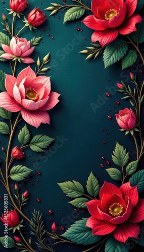 Luxurious jewel-toned floral wallpaper, Art Nouveau swirls, gold, blue, vibrant