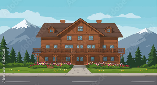 Mountain lodge surrounded by trees and mountains in a serene landscape  