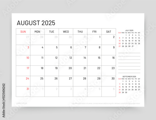 August 2025 year calendar. Week starts Sunday. Planner calender template. Table schedule grid. Timetable layout. Desk monthly organizer. Corporate diary. Vector simple illustration. Paper size A5