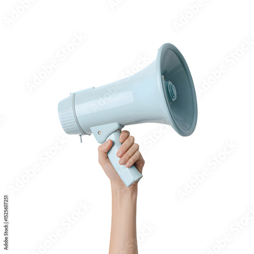 Hand holding a light blue megaphone against transparent background announcement communication loud speaker