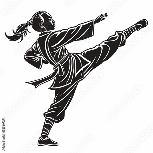 A vector of a young martial artist performing a dynamic stance, balancing on one leg