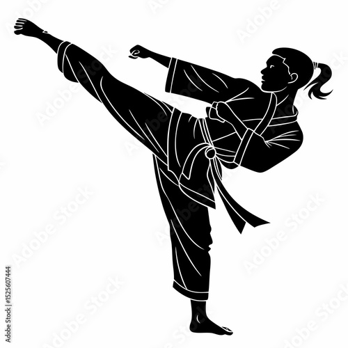 A silhouette of a young kimono martial artist performing a dynamic stance, balancing on one leg 