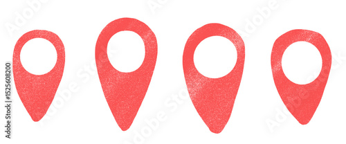 Location map pin crayon drawn set. Road pointer hand drawn doodle isolated on white background. Travel destination symbol elements. Vector navigation geo position illustration by pencil.