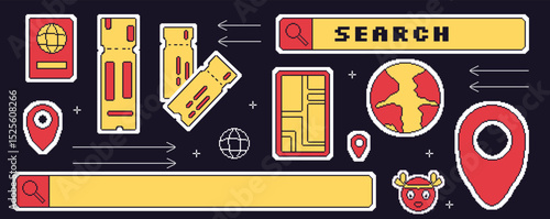 Travel elements pixel art set. 8bit web tourism sticker elements collection. Retro location pin map, globe search bar shapes. Passport, ticket, phone. Vector illustration isolated.