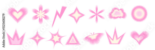 Blur pink pastel grainy gradient shapes set. Y2k retro heart, star and circle, flower. Gradation butterfly, crown icons on white background. Trendy effect with gritty texture. Vector illustration.