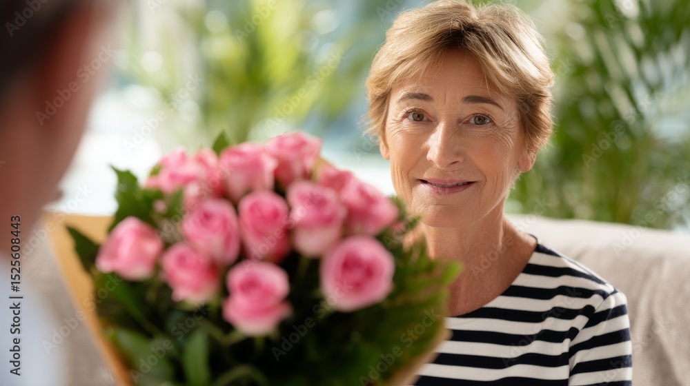 Fototapeta premium A warm moment captured in an indoor setting. An older woman smiles brightly as she receives a bouquet of pink roses. The scene radiates joy and affection. Ideal for love and family themes. AI.