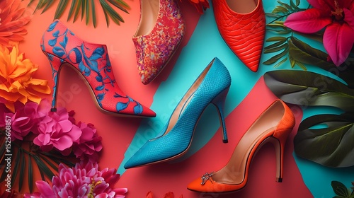 A vibrant display of high heels surrounded by tropical flowers and leaves on a colorful backdrop