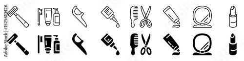 Personal grooming and beauty icon set. Linear and silhouette style.